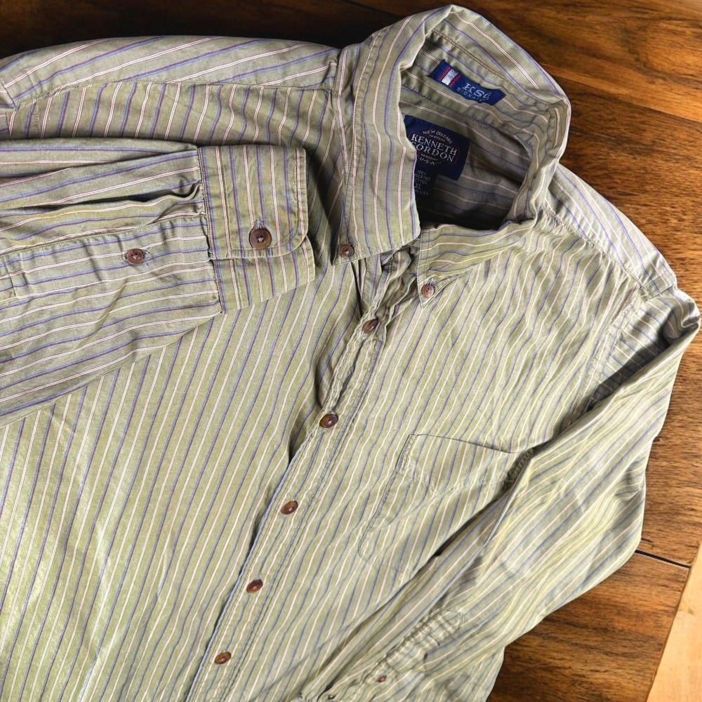 Vintage Kenneth Gordon Shirt Men XL Striped Made USA‎ ksg Green Work Office